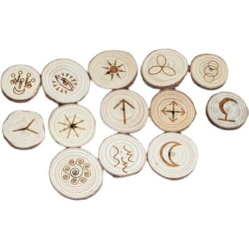 13Pcs Natural Wooden Runes Wood Chakras Mysticism Supplies for Divination Rune Kit Round Altar Occultism Props Pendant