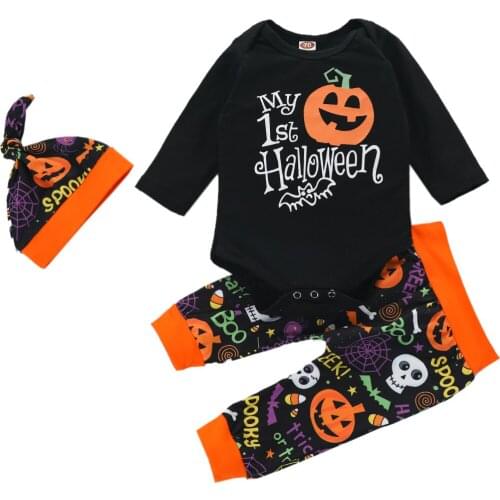 2020 Infant Halloween Outfit Spring Autumn Baby Girls Boys Long Sleeve Letter Romper + Pumpkin Printing Long Pants +Cap Set 3Pcs