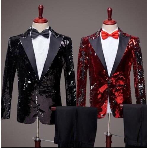 Sequin blazer men suit set with pants black red mens wedding suits costume singer star style dance stage clothing formal dress