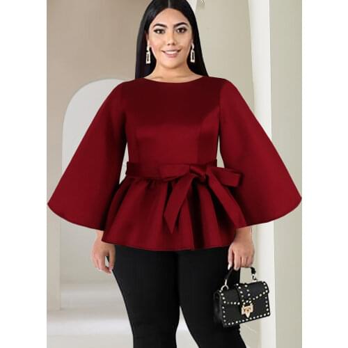 Long Flare Sleeves Peplum Tops Plus Size Women O Neck Shirts Blouses Office Lady Blouse 3XL with Belt Dropshipping 2021 Autumn