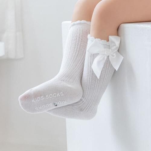 Kids Girl Sock Private Pure Color Stripe Girl Stocking Cotton Antiskid Bubble Mouth Baby Socks Bowknet Non-slip Girl Socks