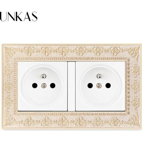UNKAS Dual French Standard Wall Power Socket 146MM*86MM 4D Embossing Zinc Alloy Panel Outlet Grounded With Child Protective Lock