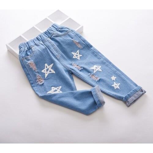 Girls Jeans Kids Clothing Pants For Girls autumn summer Trousers Children Light color stars Jeans Elastic Waist Baby Cowboy pant