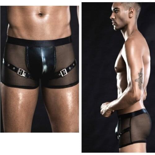 Hot Mens Latex Booty Shorts Underwear Sheer Fishnet Splice Wetlook Leather Zip Up Boxer Shorts Sissy Gay Club Pole Dance Costume