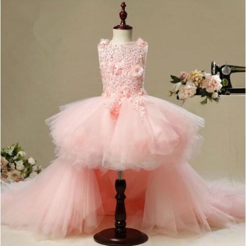 KICCOLY New Long Trailing Flower Girl Dress For Wedding Pink Tulle Floral First Communion Dress Girl Formal Pageant Evening Gown