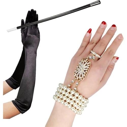 1920s Accessories Set Long Black Gloves Pearl Bracelet Cigarette Holder Flapper Costumes Fancy Dress Hen Party Accessory 3 Pack