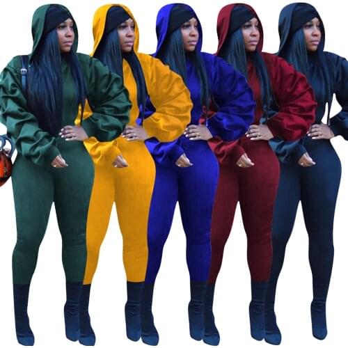 Winter Women Sets Hooded Full Lantern Sleeve Top Pants Suit Two Piece Set Solid Casual Fashion Tracksuits Fitness Outfits GL8256