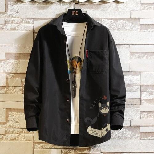 Plus Size 5XL-M Funny Cat Play With Butterfly Print Long Sleeve Shirt Men Clothing 2021 Simple Casual Chemise Homme Black/White