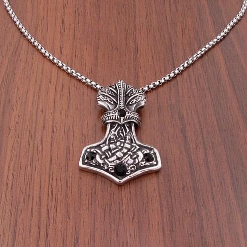 Punk 316L Stainless Steel Silver color Black Crystal Stone Viking Pendant Thors Hammer Pendant Jewelry