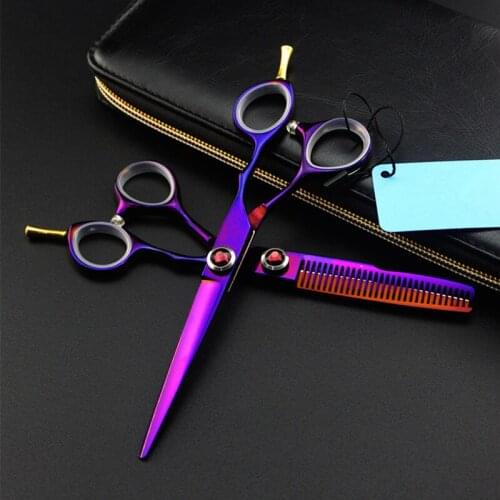 Professional japan 440c 6 inch purple gem hair scissors cutting barber makas haircut thinning shears hairdressing scissors set