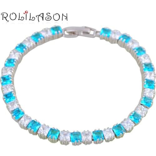 ROLILASON Party Gift Fashion Jewelry for Wedding Amazing Light Blue Zircon Silver Bracelets for Women TBS1084