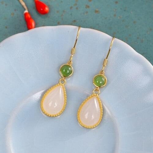 S925 Sterling Silver Jade White Jade Earrings Natural Hetian Jade White Jade Drop Shape Earrings Classical Simple Splendid Je
