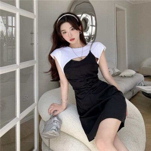 Hollow Out False Two Pieces Black Mini-dresses for Woman Summer Dress Korean Clothes Fashion Ladies Black White Patchwork