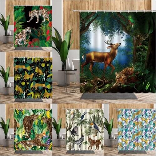 Jungle Animal Plant Shower Curtain Leopard Deer Parrot Forest Scenery Home Bath Decoration With Hook Bathroom Curtain Wall Decor