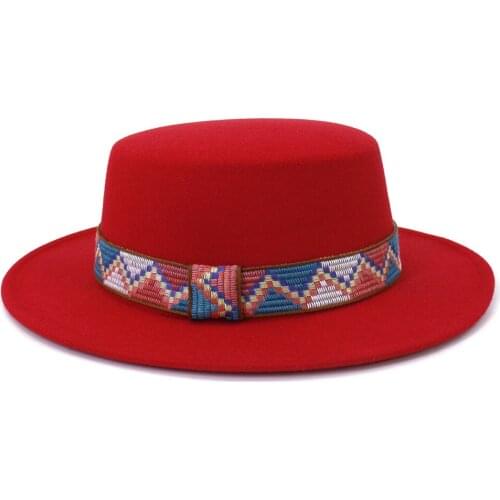 Women Black British Wool Hat Fashion Party Flat Top Wide Brim Fedora Hat Chain Strap Pin Lady Church Wedding Hat Porkpie Style