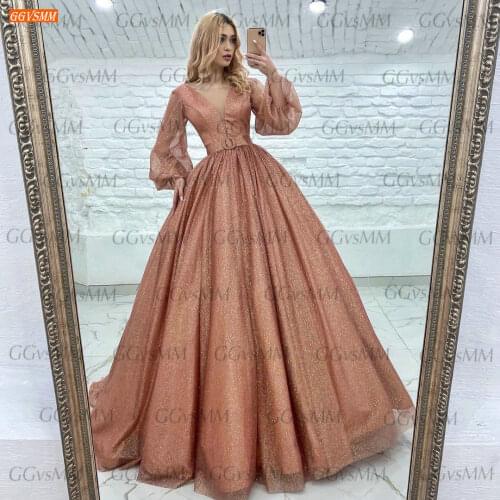 Sparkly Coral Prom Dresses Long Sleeves 2021 Vestido De Fiesta De Boda Custom Made Women Party Gowns Gala Vestidos De Graduación