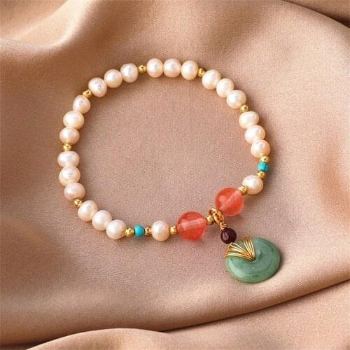 Summer Freshwater Pearl Buckle Bracelet for Women Original Design Handmade Jade Bead Strand Bracelet Retro Korean Female Jewelry