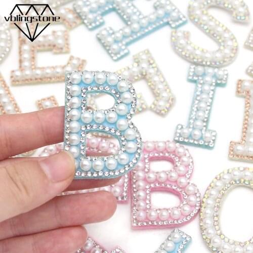 1Pcs Patches Pearl Rhinestone Letter Patch English Alphabet Clothing Patches Glue/Sew On Rhinestones Applique Stripes DIY Crafts