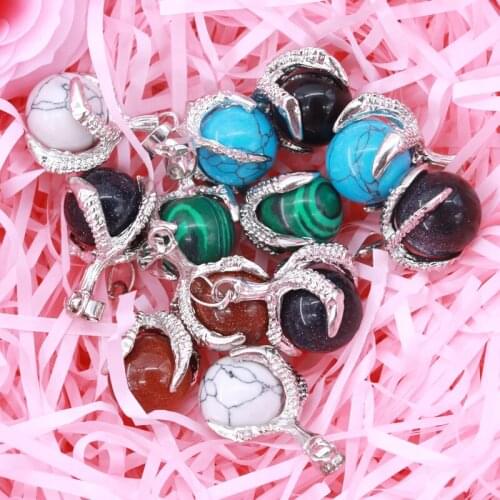 5pcs/lot Metal Talons Shape Spherical Natural Stone Pendants With Clasp 22x31mm Multi Colors Popular Necklace DIY Ornament Beads