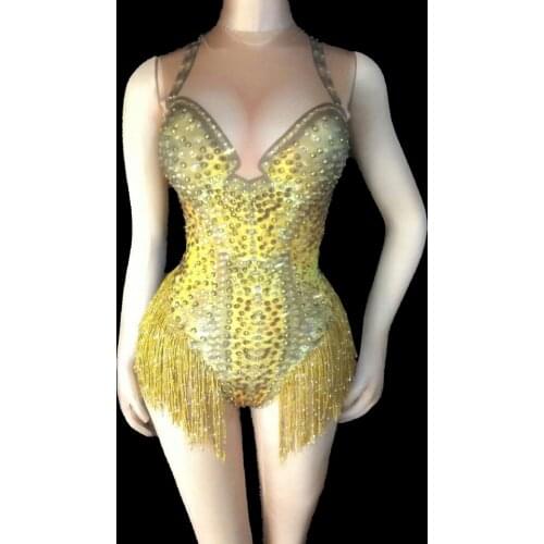 Sparkly Rhinestones Fringes Bodysuit Nightclub Dance DS Show Stage Wear Women Party Tassel Outfit Female Singer Dance Costume