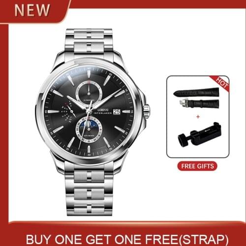 LOBINNI Watch Men Automatic Self-wind Stainless Steel 5atm Waterproof Luminous Business Men Mechanical Wrist Watches