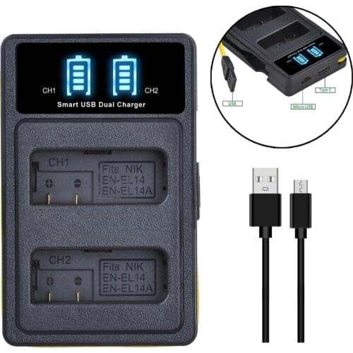 EN-EL14a EN-EL14 Battery Charger with USB and Type-C Port for Nikon EN EL14 EL14a Battery D5600, D5500, D5300, D5200, D5100