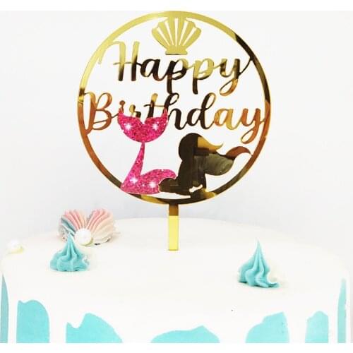 Ins Mermaid Happy Birthday Cake Topper Golden Boy girl Acrylic Birthday Party Cake Toppers For Kids Cake Decoration Baby shower