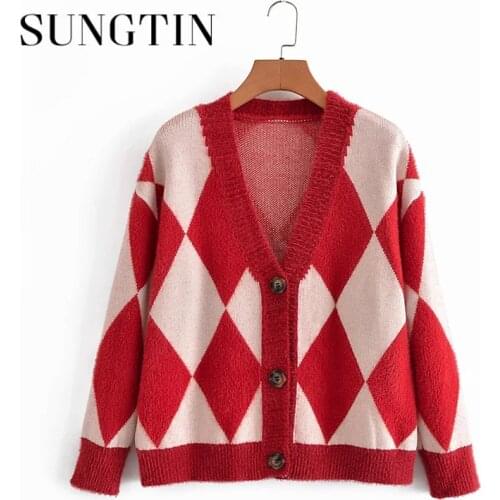 Sungtin Casual Argyle Loose Sweater Cardigans Women Korean Fashion Sweet Red Oversized Knitted Cardigan Fall Vintage Cardigans