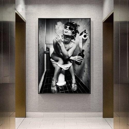 Girl On The Toilet Smoking And Drinking Painting Canvas Print Nordic Poster Wall Art Picture For Living Room Home Decor