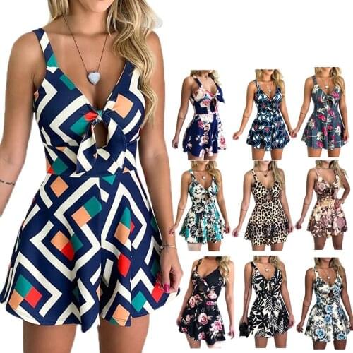 Summer Fashion Women Chest Bowknot Floral Jumpsuit Printed Strap Playsuit Siamese Romper Shorts