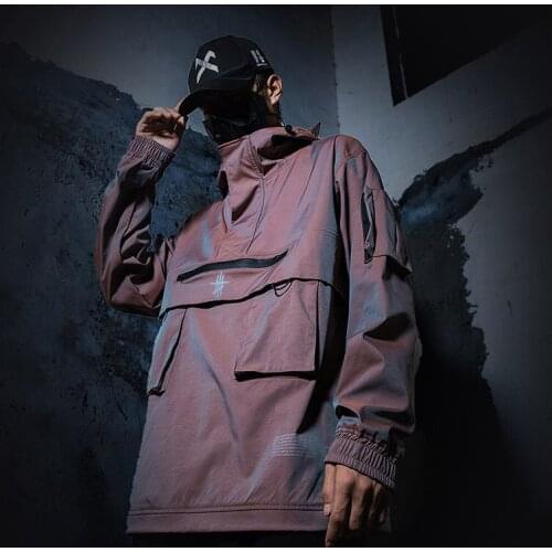 Techwear Reflective Cargo Jacket Coats Men Streetwear Tactical Function Pullover Harajuku Multi-Pocket Hoody Male Windbreaker