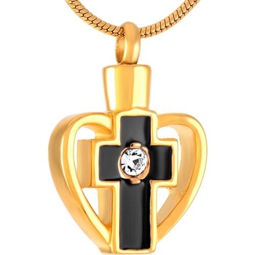MJD8639 Birthstone on Cross Heart Urn Necklace for Ashes Memorial Jewelry Funeral Keepsake Locket Unisex Design