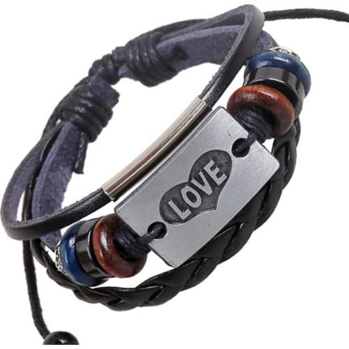 Fashion Punk Love Charm Black Leather Bracelet Heart Beads Multilayer Bangle Adjustable Wrap Wristband Women Men Vintage Jewelry