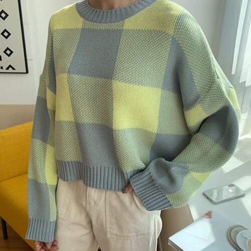 Autumn Vintage 90s Sweater Women Casual O Neck Long Sleeve Pullovers Oversized Harajuku Loose Plaid Knitwear Tops Y2K Winter