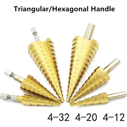 3PCS Hexagonal / Triangular Shank Step Drills Pagoda Drill High Speed Steel Bit Set 4-32 4-20 4-12