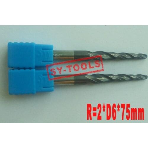 2pcs R2*D6*30.5*75L*2F HRC55 Tungsten solid carbide Coated Tapered Ball Nose End Mills taper and cone endmills