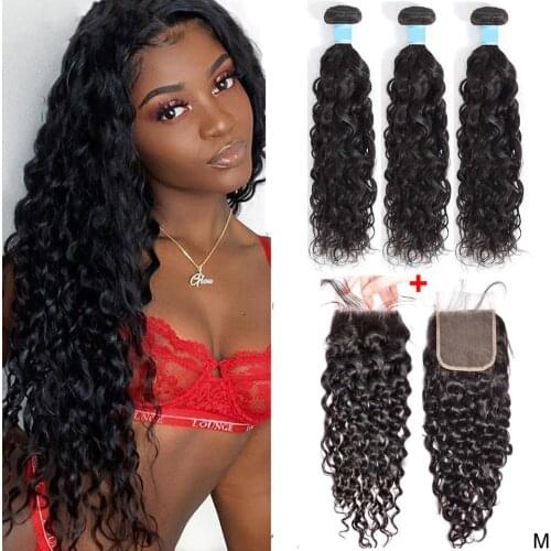 Water Wave Bundles with Closure Peruvian Human Hair Bundles with Closure Maxine 30 Inch Bundles Hair Weave 4x4 Lace Closure