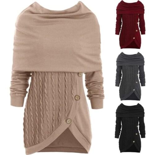 Women Long Sleeve Hooded Cowl Neck Sweater Button Asymmetric Hem Pullover Tunic Top Solid Color Cable Knit Jumper Shirt