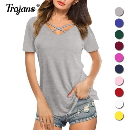 2021 New Shirts Women Cross-Chest V-Neck Womens Top Spring Summer Short Sleeve Tee Loose T-Shirt Women Fashion T-Shirt