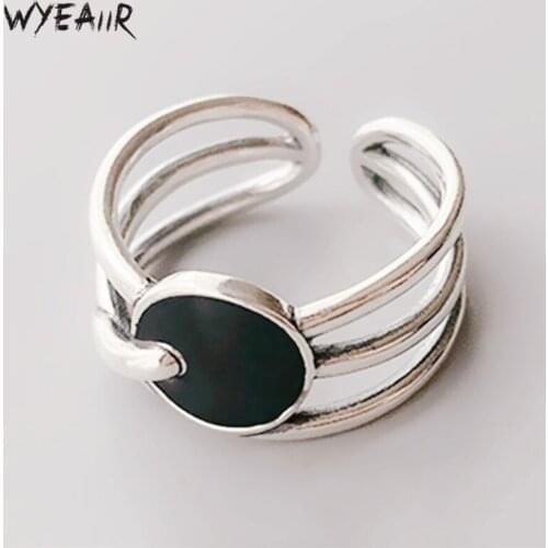 WYEAIIR 925 Sterling Silver Retro Thai Silver Geometric Black Drip Glaze Round Female Resizable Opening Rings