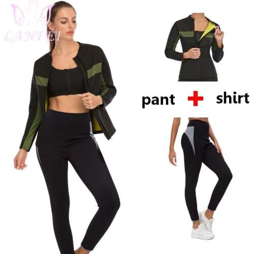 LANFEI Women Sauna Sweat Pants+Shirt Hot Neoprene Slimming Waist Trainers Body Shaper Corsets Tops Gym Leggings Shapers Bodysuit