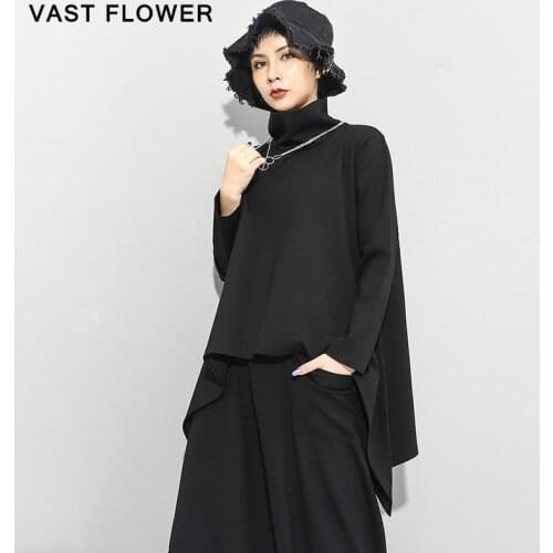 Black Irregular Sweatshirt Women Turtleneck Long Sleeve Pullover Casual Loose Sweatshirt Fashion Clothes New Spring Autumn 2021