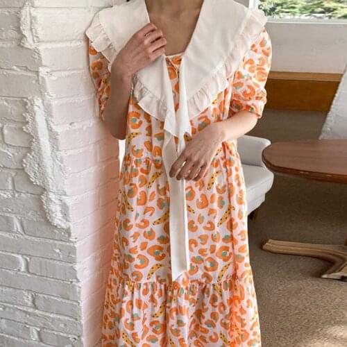 2021 Women Dress Summer Korean Chic Western Style Lapel Ruffle Stitching Fluttering Wide Puff Sleeve Floral Vestidos