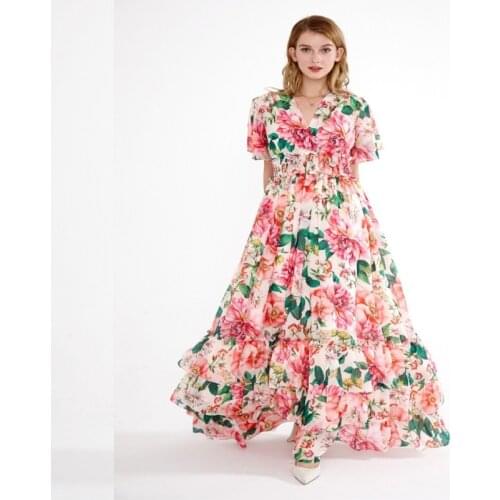 Pink chiffon floral cross border maxi bohemian dress women robe 20 summer long casual beach sexy loose dresses plus size