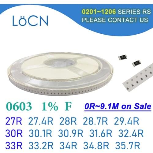 0603 1% 5000PCS SMD Resistor F 27R 27.4R 28R 28.7R 29.4R 30R 30.1R 30.9R 31.6R 32.4R 33R 33.2R 34R 34.8R 35.7R 1608 OHM
