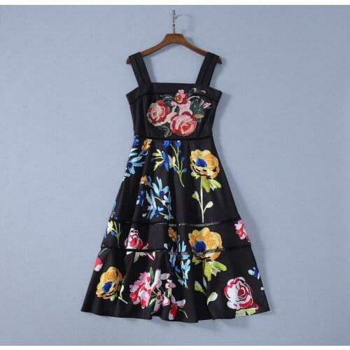 1106 2021 Free Shipping Spring Dress Spaghetti New SleeveLess Black Flora Print Empire Fashion Womens Clothes SH