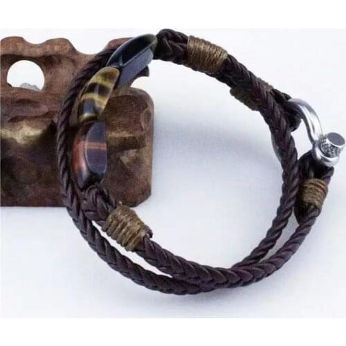 2021 Classic Double Leather Bracelet Natural Rectangle Tiger Eye Stone Mens Bracelet Stainless Steel Magnetic Mens Jewelry