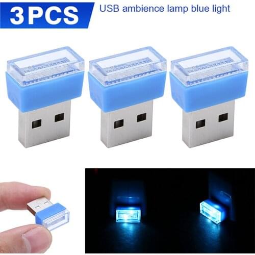 3PCS Blue LED USB Car Interior Light Emergency Lighting Portable Car Accessories Decorative Lamp For USB Port Dustproof Lighting