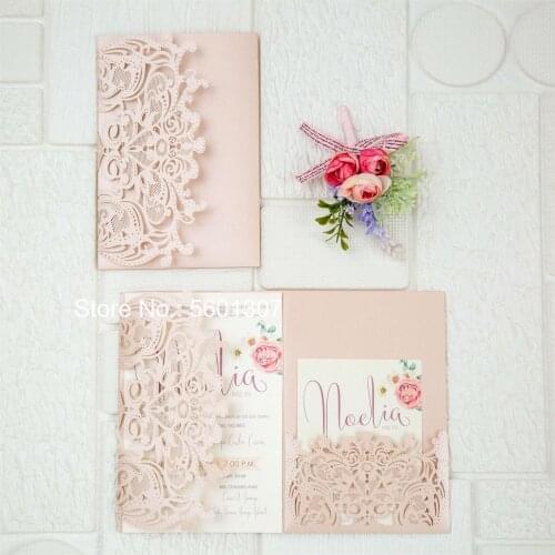 50pcs Elegant Laser Cut Wedding Invitation Cards Greet Card Lace Flower Personalized Print Invites with RSVP Party Supplies