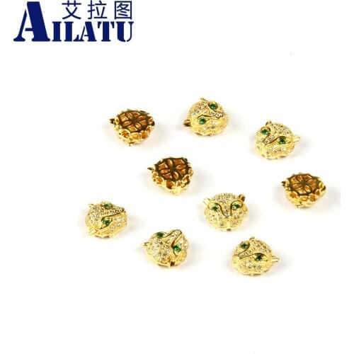 Ailatu Free Shipping 10pcs/lot Micro Pave Clear Cz Leopard Head Charm with Green Eyes for DIY Jewelry